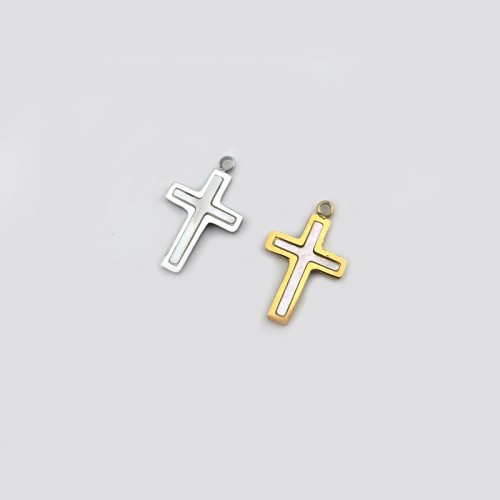 비즈팡 [S1-07-002]써지컬스틸 펜던트 자개십자가 9x14mm 화이트 ,1개